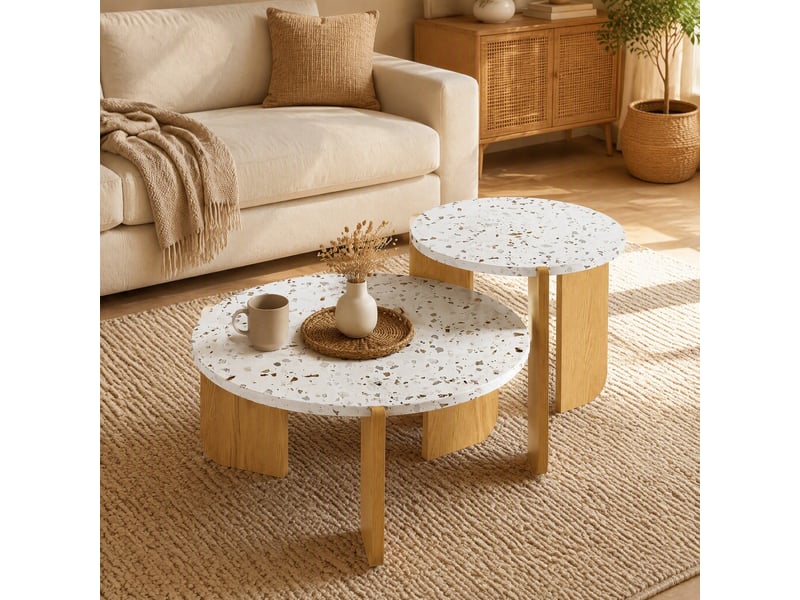  Lot de 2 tables basses gigognes rondes en mdf, blanc et couleur bois  - Conforama D