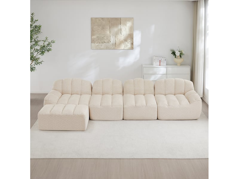 Canapé modulaire ulevr 4 places avec pouf, configuration en l, tissu bouclette beige blanc, 366 x 165 x 79 cm - Conforama D