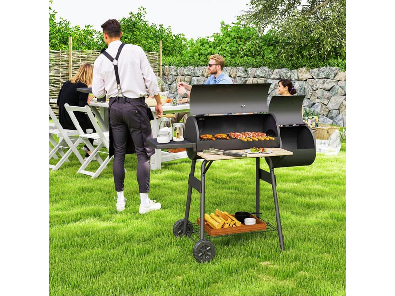  Barbecue au charbon avec couvercle et fonction fumoir, pour jardin, avec tablettes et roues, 124x53x104 cm, noir  - Conforama D