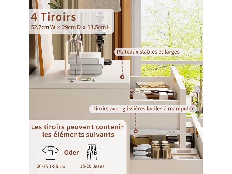 Commode blanche 4 tiroirs, commode chambre meuble de rangement moderne armoire chambre à tiroirs - Conforama R