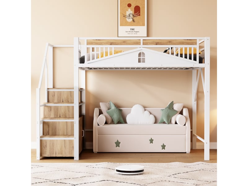  Lit mezzanine blanc 140x200cm avec escalier rangement, fenêtre, sécurité renforcée, gain de place - fer et mdf - pour enfant ado  - Conforama B