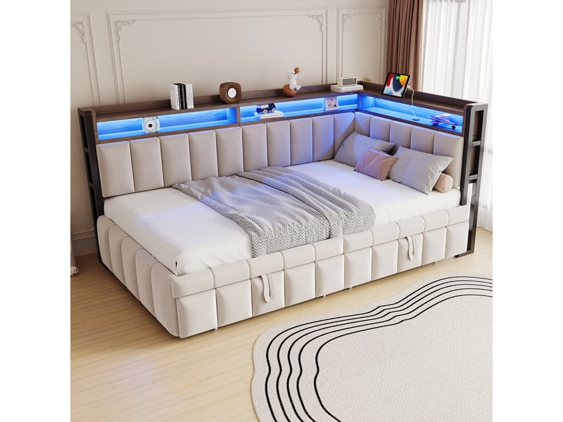  Lit banquette - 90x200 cm - éclairage led - usb et usb-c - sommier à lattes - velours - lit gigogne - gain de place - beige CozyNest - Conforama C