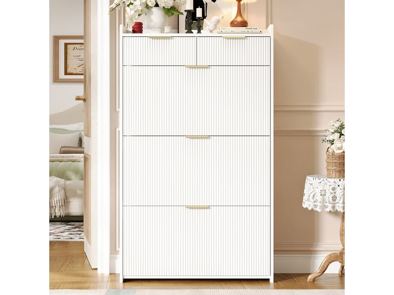  Meuble à chaussures 3 abattants et 2 tiroirs, blanc, 80 x 25 x 135 cm  - Conforama D