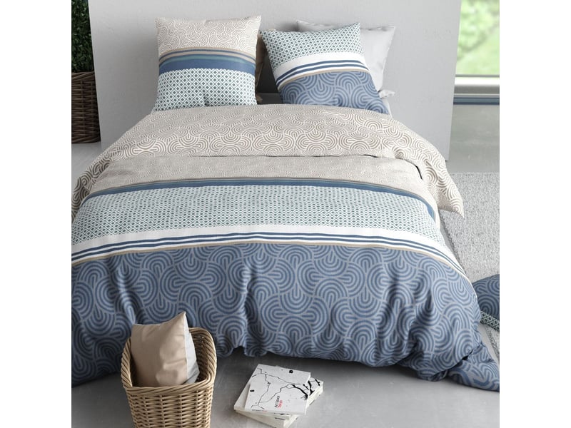  Parure housse de couette 260x240cm + 2 taies motif graphique bleu et taupe 100% coton - solia SOLIA - Conforama B