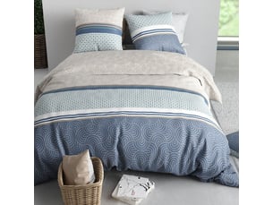 Parure housse de couette 260x240cm + 2 taies motif graphique bleu et taupe 100% coton - solia