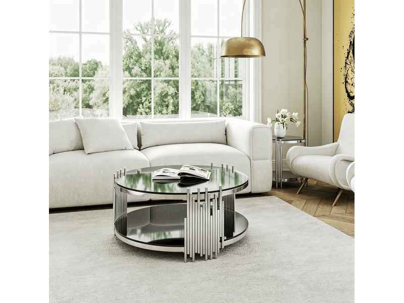  Table basse ulevr ronde à 2 niveaux de rangement ø80 cm, verre trempé noir et acier inoxydable argenté  - Conforama B