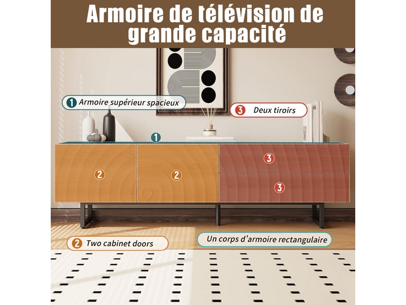  Meuble tv avec 2 portes, 2 tiroirs et passe-câbles pour salon 180×38×51,5 cm en panneaux de particules naturel  - Conforama D