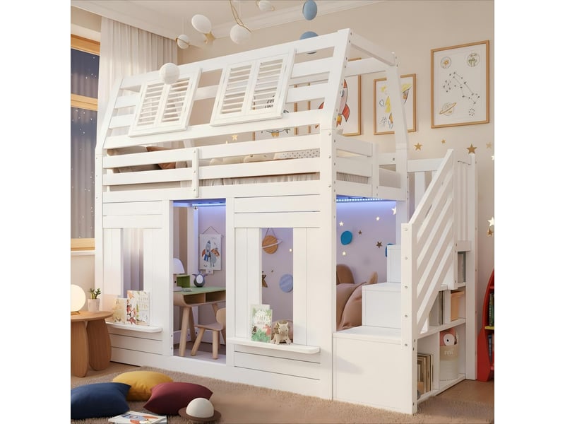 Lit mezzanine 90x200 cm avec led et échelle de rangement, lit cabane enfant avec barrière de sécurité, finition blanc bois, sommier à lattes inclus Bubbly - Conforama C
