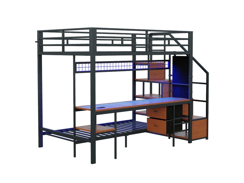 Lit mezzanine métal noir 140x20090x200 cm, bureau, led, prises, rangements et tiroirs tissu  - Conforama E
