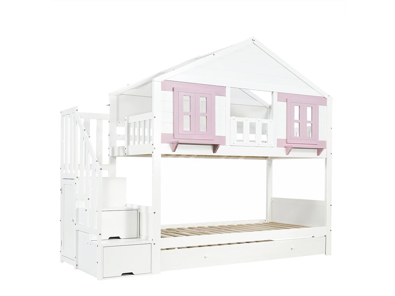 Lit superposé avec lit escamotable roulettes enfant zone cintres vêtements fenêtres toit sommier lattes stable pin mdf contreplaqué blanc rose 90x200 cm  - Conforama A