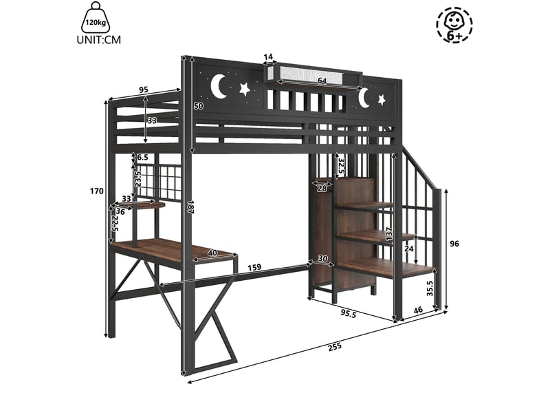  Lit mezzanine 90 x 200 cm, noir, sans matelas, structure métal, bureau, étagères et led, sécurité renforcée  - Conforama B