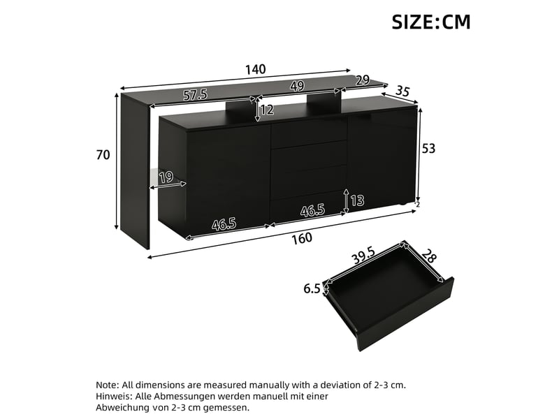  Buffet led 160x35x70 cm panneau de particules noir  - Conforama E