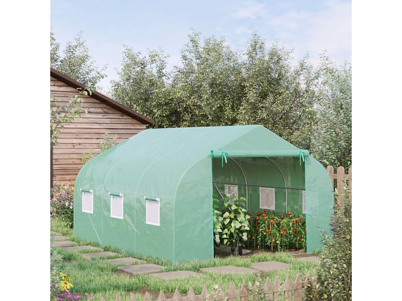  Serre de jardin de 3,5 x 3 x 2 m avec toit incliné en polyéthylène, porte et 6 fenêtres, verte  - Conforama D