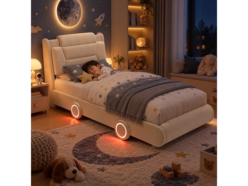  Lit rembourré pour enfants 90x200cm - lit en forme de voiture de course - hauteur de tête de lit réglable - avec éclairage led - tissu velours - beige (sans matelas)  - Conforama D