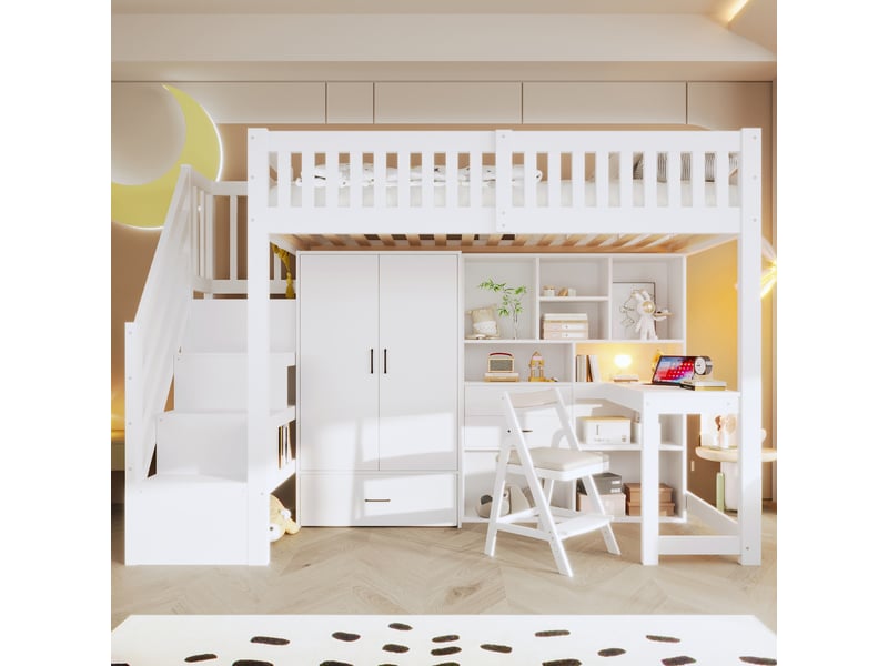  Lit mezzanine 90x200 cm avec échelle de rangement et armoire, lit 1 personne en blanc, lit enfant avec bureau et tiroirs  - Conforama C