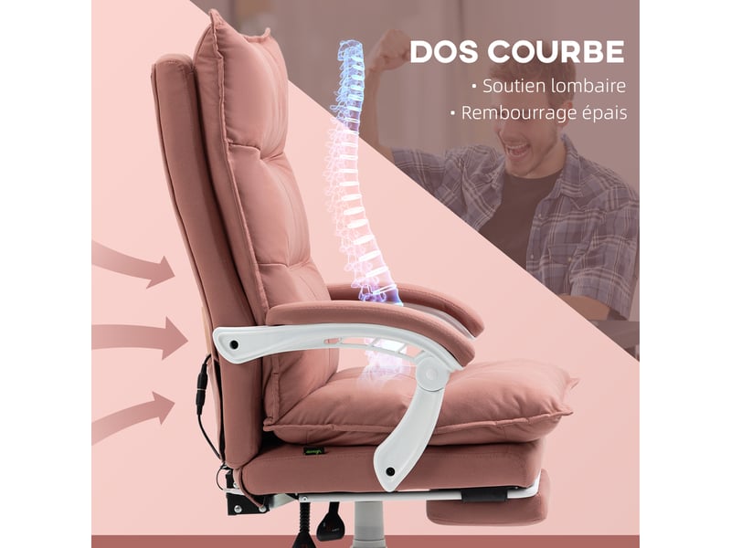 Fauteuil de bureau massant à 6 points, chauffant, inclinable à 155°, rose - Conforama R