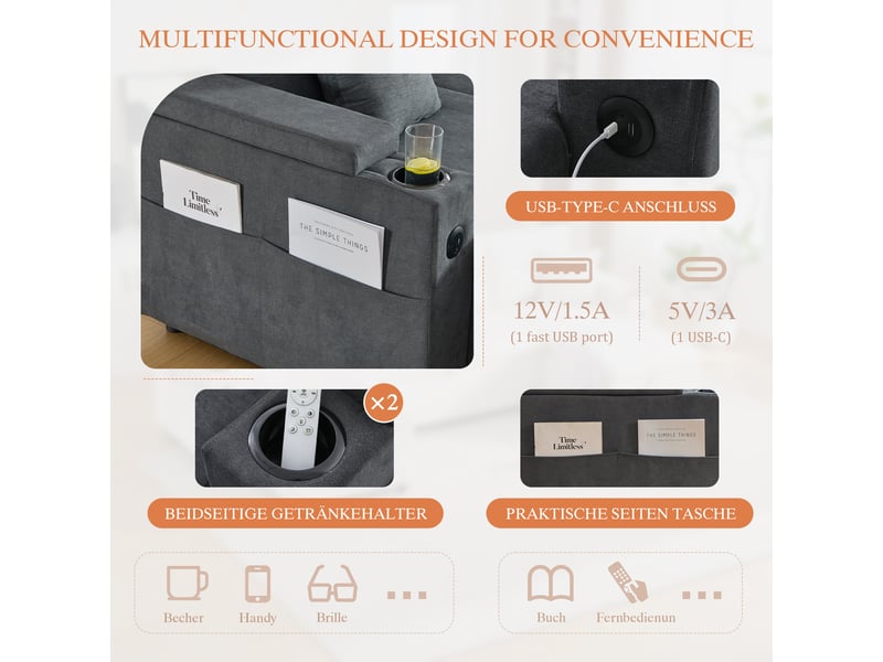 Canapé panoramique convertible 4 places 272 x 136 x 86 cm avec coffre et ports usb et porte-gobelets,  poche de rangement latérale, lin, gris foncé Morn Vibe - Conforama E
