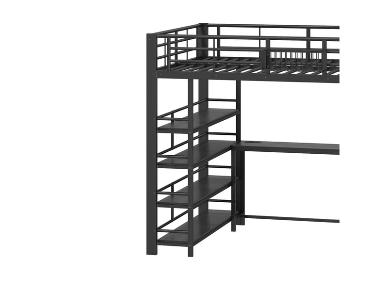 Lit mezzanine 140x200 cm noir, avec bureau, rangements, panier, étagères, led, usb, structure métal, sommier inclus, sans matelas - Conforama D