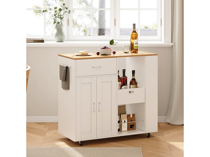  Desserte de cuisine à roulettes, îlot de cuisine mobile, buffet de cuisine, 46 x 102 x 92 cm, avec porte-serviettes, 2 portes 1 tiroir, blanc  - Conforama R