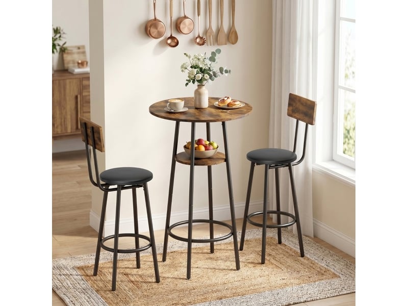  Ensemble table de bar industrielle avec 2 tabourets rembourrés, repose-pieds, étagère, marron rustique  - Conforama D