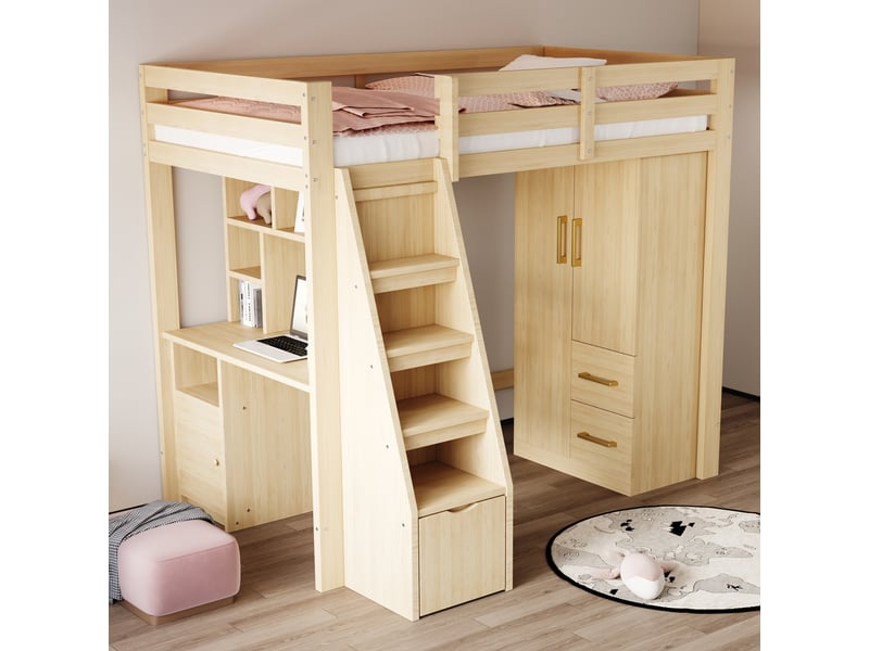  Armoire à vêtements 2 portes 70 x 40 x 135 cm, avec tiroirs et rangements, chambre enfant, bois naturel  - Conforama W