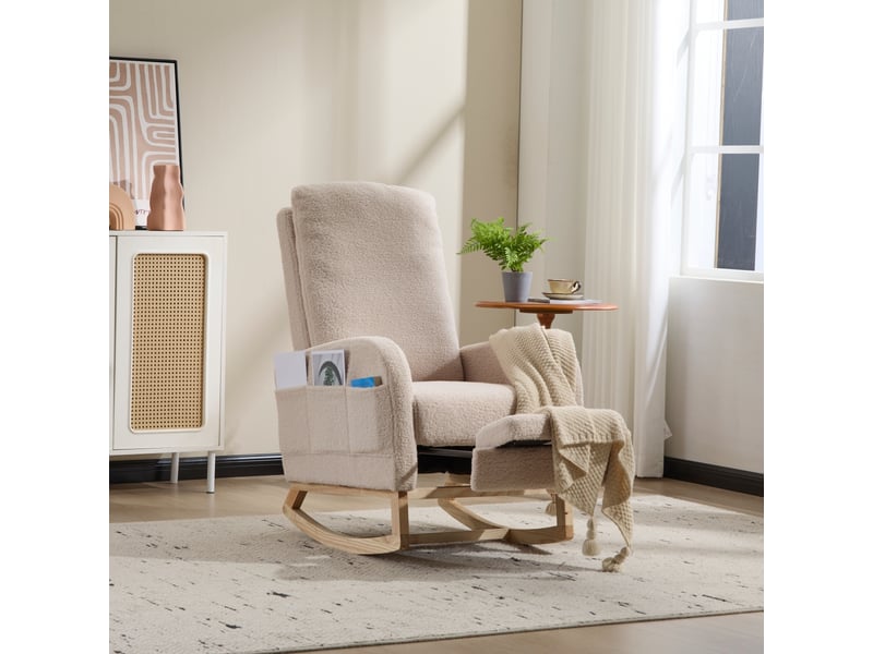  Fauteuil à bascule - 75x63x104 cm - chaise à bascule avec repose-pieds et poches latérales en tissu teddy - beige  - Conforama C