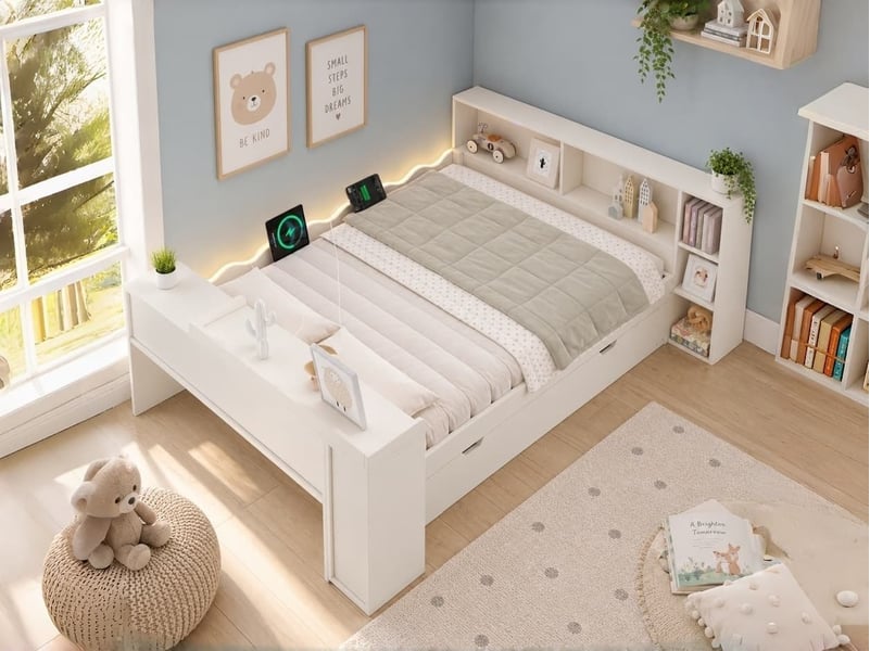  Lit simple, 140 x 190 cm, avec 2 tiroirs, lit avec rangement, éclairage led et station de charge, plateau coulissant, blanc  - Conforama B