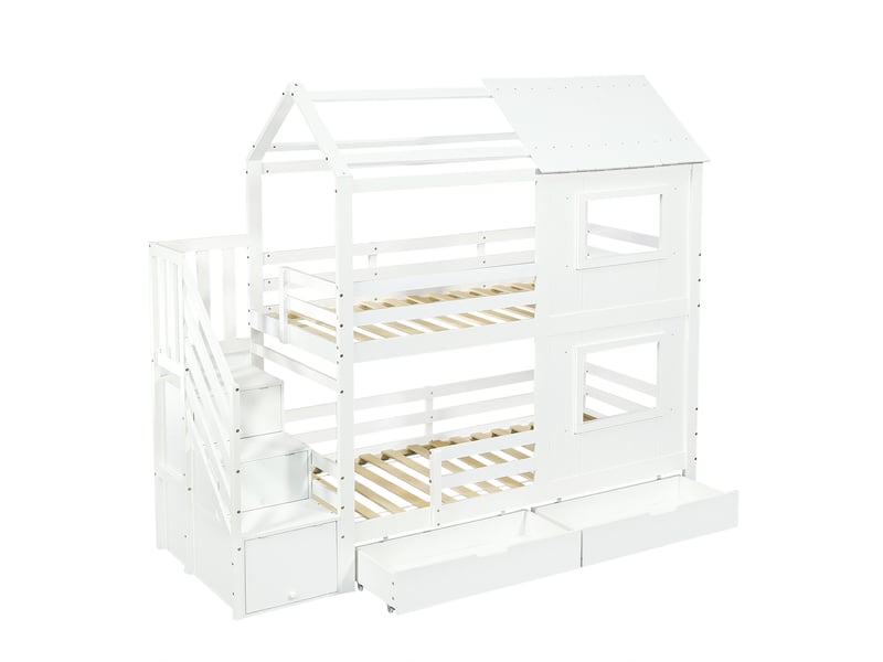  Lit superposé, lit enfant, armoire suspendue avec compartiments de rangement, tiroir de rangement à roulettes, jolies fenêtres et toit, sommiers à lattes robustes, pin + mdf + contreplaqué, blanc, 90 x 200 cm  - Conforama D