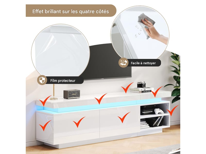  Meuble tv avec éclairage led en panneau de particules blanc 170x35x50 cm - pangivo  - Conforama D