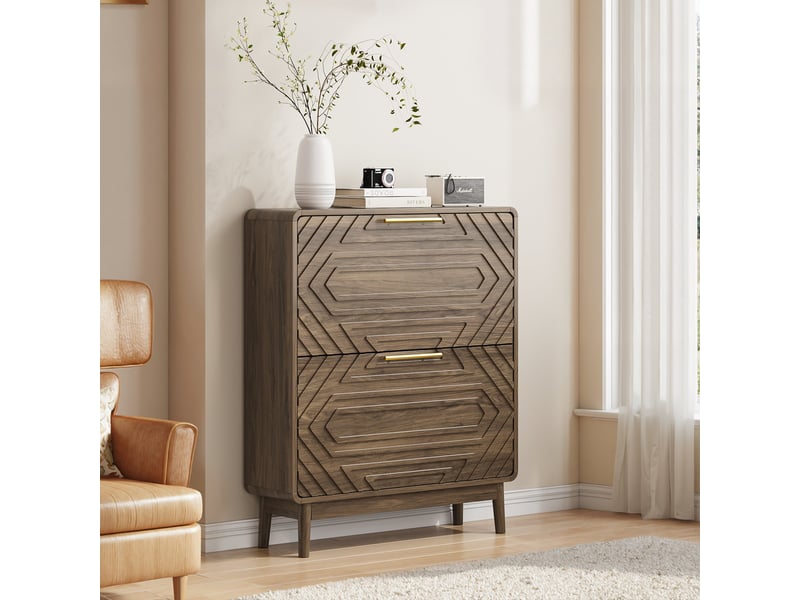  Meuble à chaussures 95x24x80 cm, armoire entrée mdf couleur noyer, design farmhouse avec poignées dorées et pieds en bois massif  - Conforama E