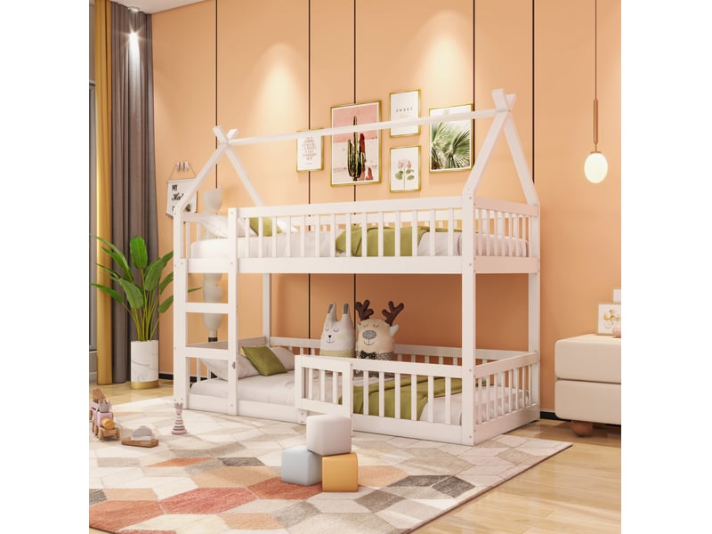 Lit superposé enfant 90x200 cm avec escalier et toit, blanc - Conforama B