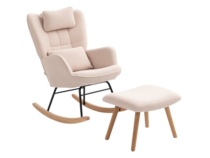 Fauteuil à bascule avec repose-pieds, revêtement en polaire douce, pieds en bois, oreiller, haut dossier, fauteuil à bascule, beige - Conforama B