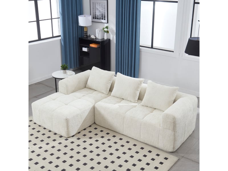  Canapé d’angle beige 3 places en chenille – méridienne, rangements, coussins inclus  - Conforama B