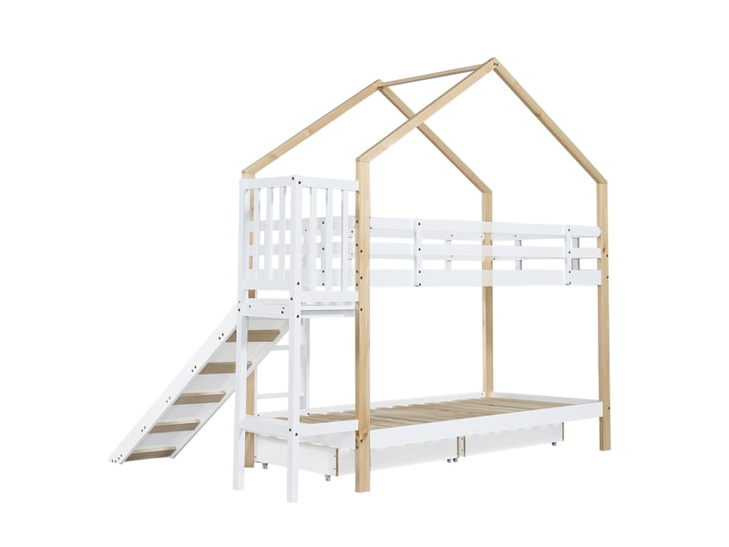  Elvmi lit superposé cabane enfant 90x200 cm avec toboggan, échelle d’angle à 3 marches, barrières de sécurité sur le couchage supérieur, 2 tiroirs de rangement, structure en bois massif et mdf, coloris blanc et naturel  - Conforama A
