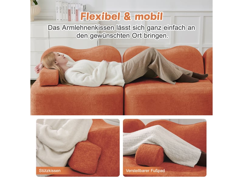 Canapé modulable 4 places en u avec 2 poufs, canapé d’angle sans cadre, forme ondulée, assise profonde, mousse haute densité 32d, tissu velours doux - orange - Conforama E