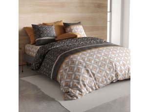Parure housse de couette 260x240cm + 2 taies motif graphique taupe et jaune 100% coton - orlado