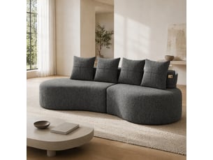 Canapé 3 places en tissu de lin gris foncé avec 4 coussins, porte-gobelets et poches latérales