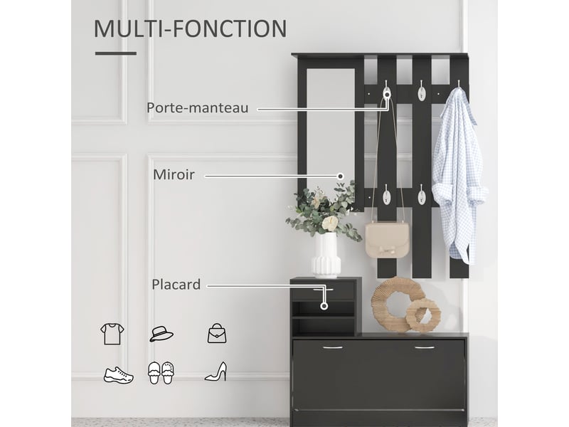  Ensembles 3 en 1 de meuble d'entrée vestiaire avec porte-manteau panneau, miroir et banc à chaussures noir  - Conforama A