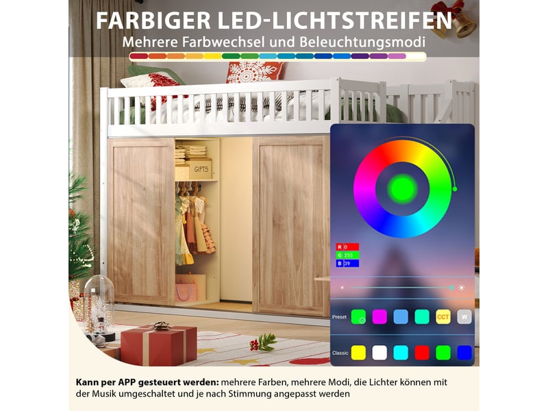  Lit mezzanine 90x200 cm avec armoire et escalier intégré, blanc, lit enfant multifonctionnel avec bande lumineuse colorée  - Conforama E