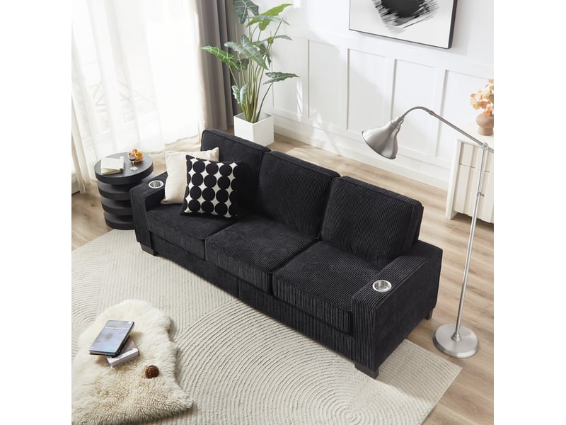  Canapé droit 3 places avec porte-gobelets intégrés et accoudoirs larges en velours côtelé noir, 206 × 72 × 86 cm  - Conforama D