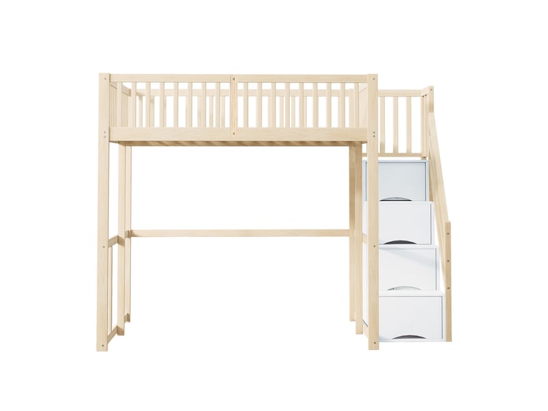 Lit mezzanine, 140 x 200 cm,avec escalier de sécurité intégrant des rangements et barrière de sécurité,finition bois naturel - Conforama A