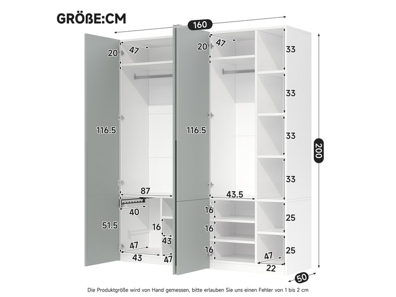  Armoire avec 1 porte-pantalons, 2 barres de penderie et 14 compartiments de rangement, gris, 160 x 50 x 200 cm  - Conforama C