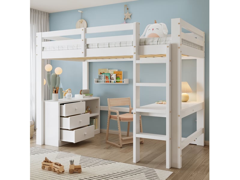  Lit mezzanine enfant 90x200 cm – blanc – bureau, rangement et échelle à 4 marches – sans matelas  - Conforama B