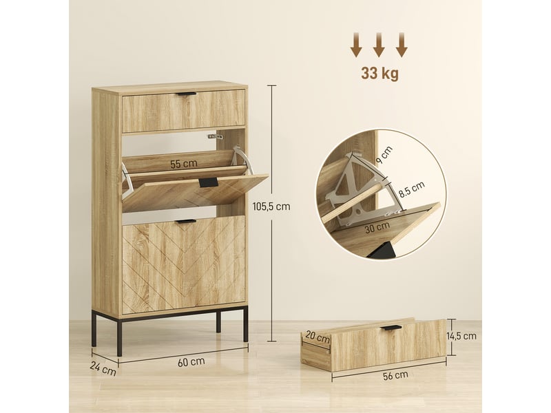 Meuble à chaussures étroit à 2 portes, tiroir et étagères réglables pour 8 paires de chaussures, 60 x 24 x 105,5 cm, chêne  - Conforama D