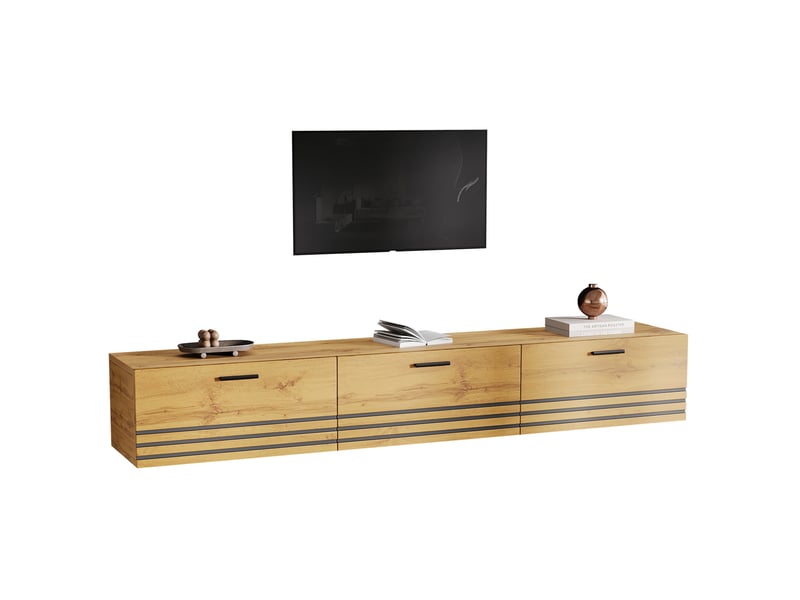  Meuble tv mural suspendu 160x30x25,5 cm, 3 tiroirs, tv jusqu’à 65 pouces, mdf, panneaux de particules, naturel  - Conforama A