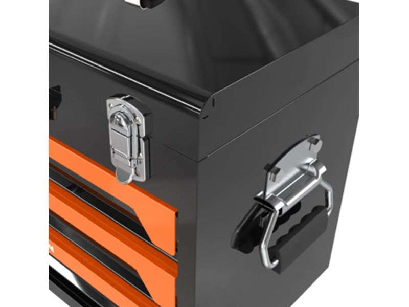  Coffre à outils en acier noir et orange, 3 tiroirs à roulements, avec poignée de transport et fermoirs métalliques  - Conforama D