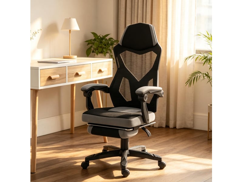  Chaise gaming de bureau haute avec repose-pieds rabattable, noir et gris  - Conforama B