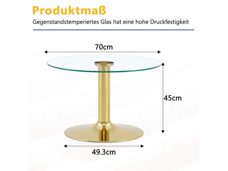  Table basse ronde avec plateau en verre trempé et piètement métallique stable, style moderne, doré, diamètre 70 cm  - Conforama D
