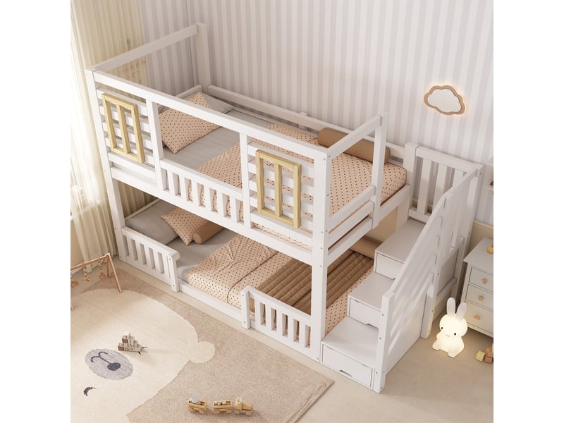  Lit superposé cabane 90x200 cm blanc avec escalier de rangement, lit enfant en bois avec fenêtres et sommier inclus  - Conforama W