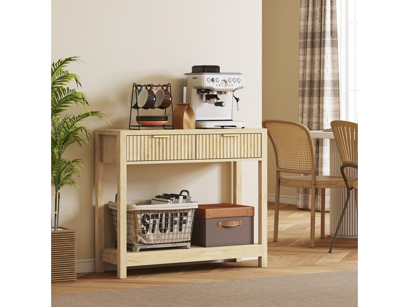  Console meuble 90 cm, table console étroite avec 2 tiroirs rainurés et étagère, bois naturel, style moderne  - Conforama W